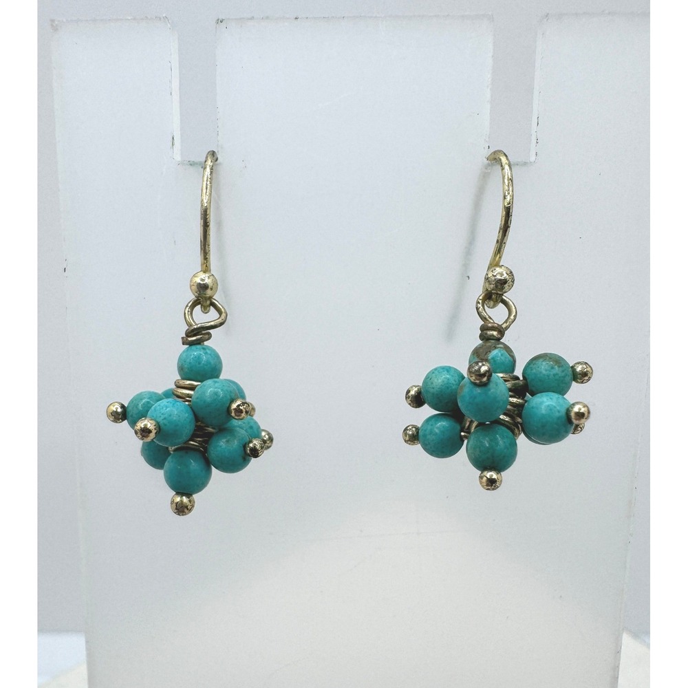 Turquoise Bead Cluster Drop Earrings Gold Tone Southwestern Boho Dangle Western